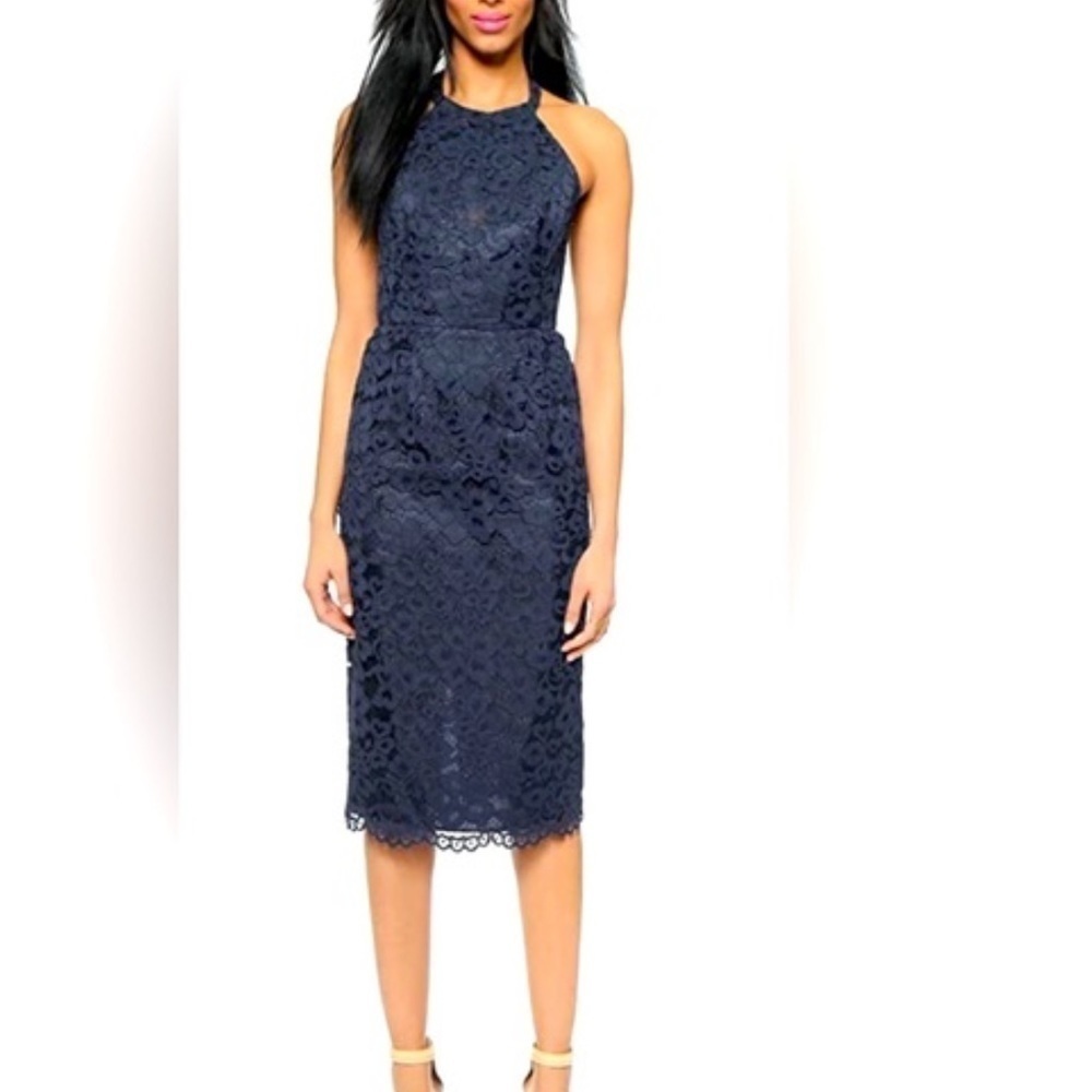 Shoshanna Midnight Uma Navy Lace Midi Halter Dress Size 2